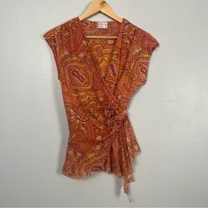 Y2K Mesh Johnny Heaven Orange paisley blouse with rosette detail size medium